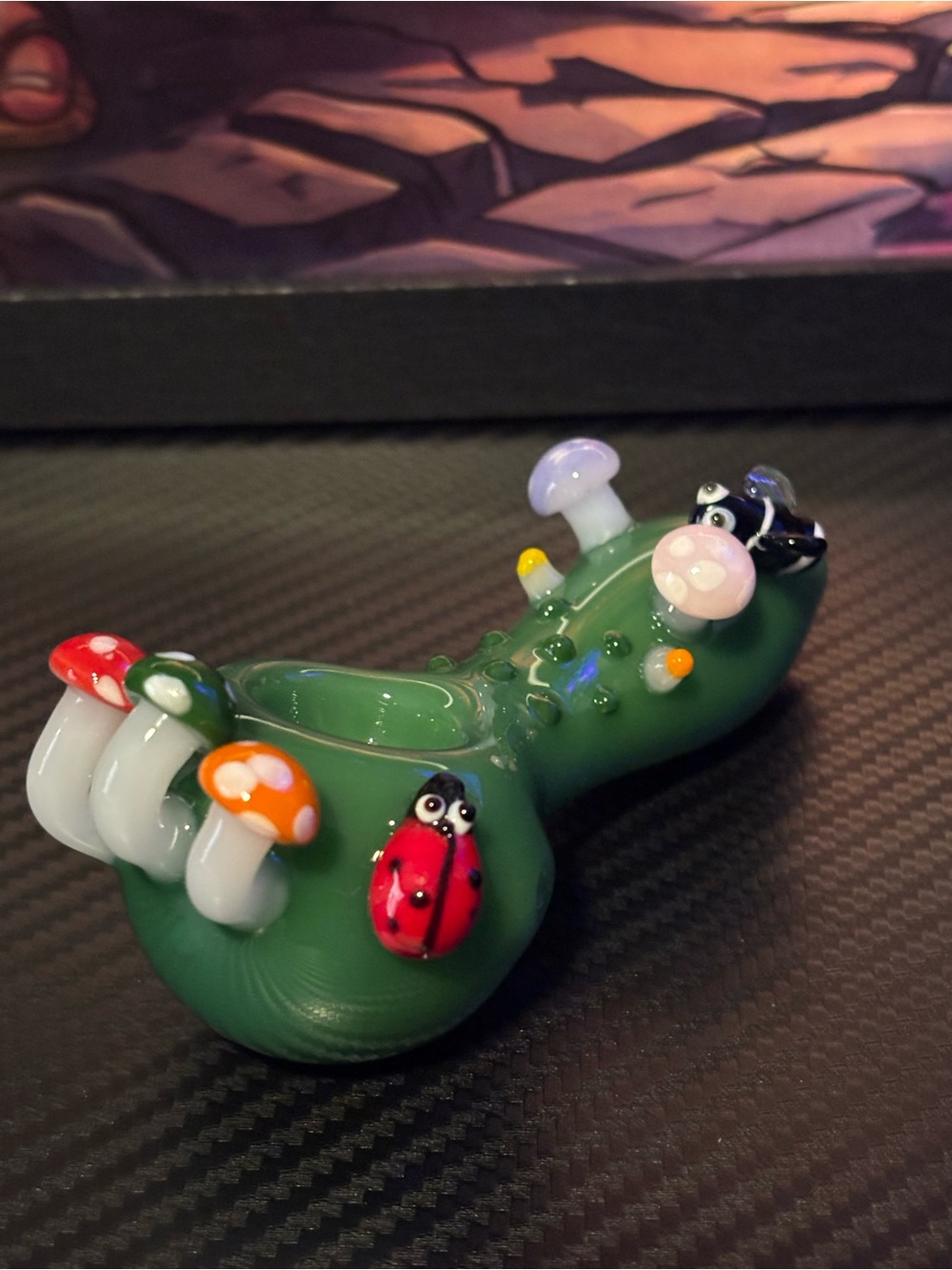 Green Glass Mushroom & Ladybug